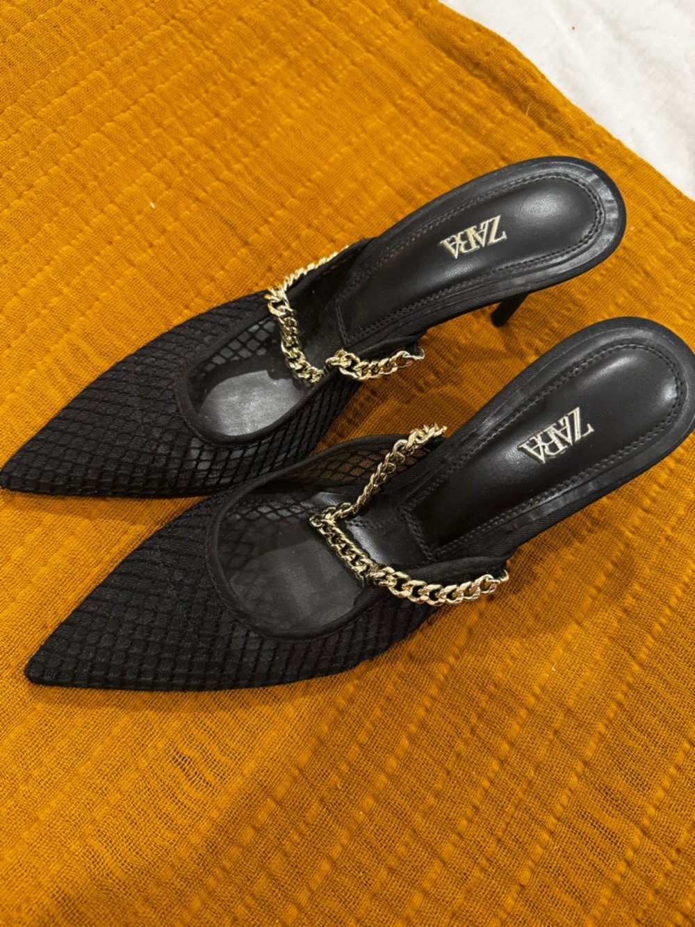 ZARA Black Pointed Mesh Mule Heels with Gold Chain